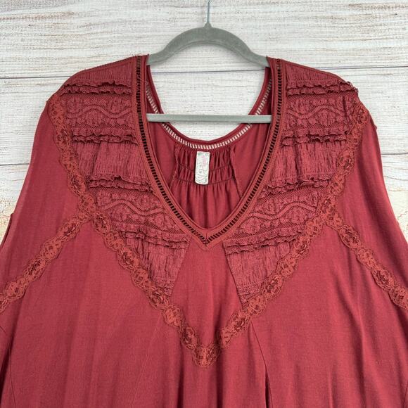 Free People Lace Trim Sleeveless V-Neck Blouse Womens Large Brown Red - Picture 3 of 12